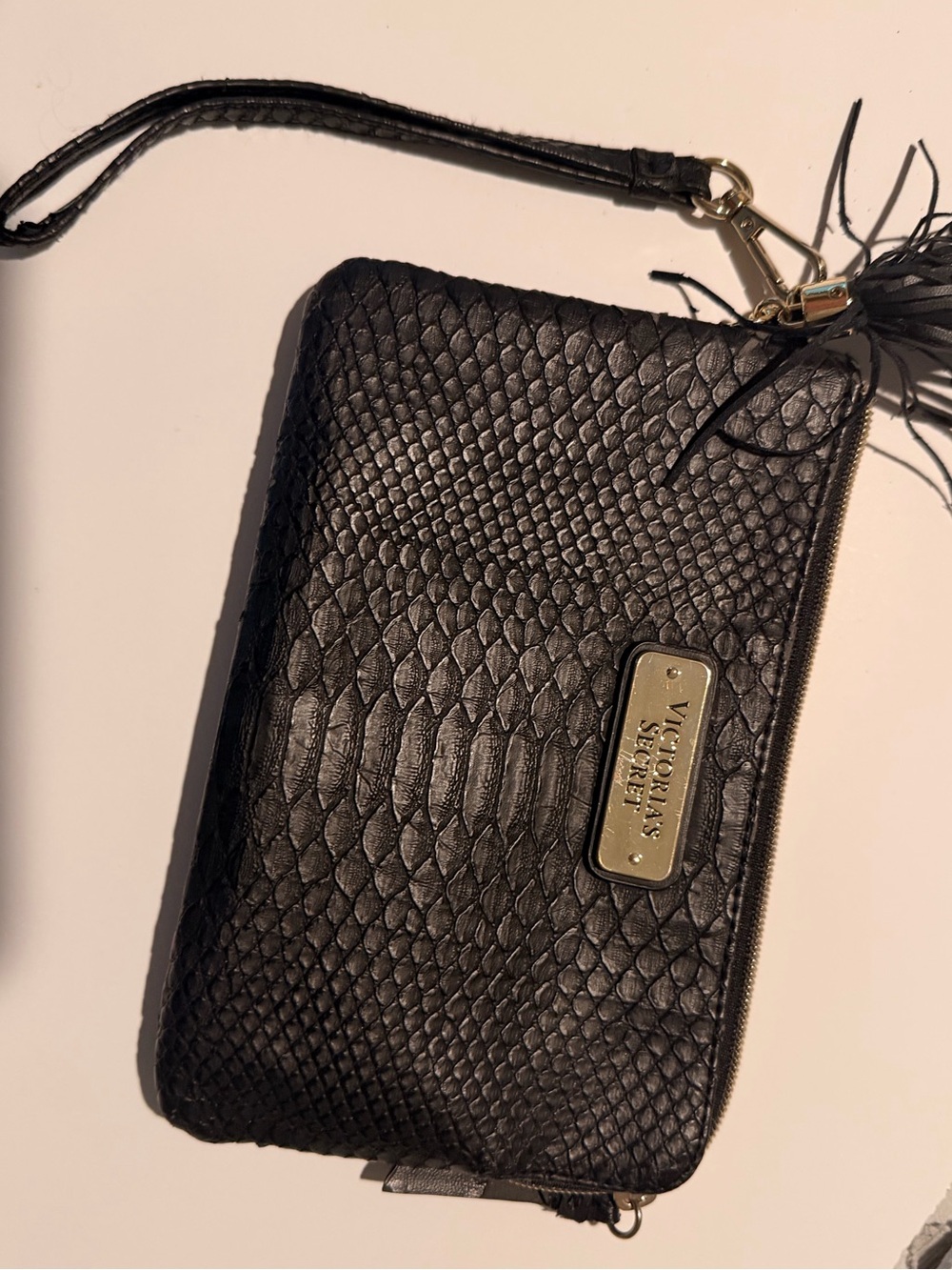 Victoria's Secret Black Snake-Embossed Wristlet with Tassel